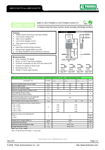 MBR10100CTR Datasheet PDF Thinki Semiconductor Co., Ltd.