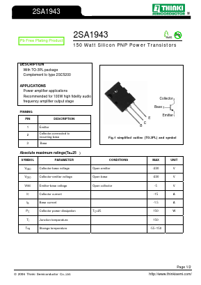 2SA1943 Datasheet PDF Thinki Semiconductor Co., Ltd.
