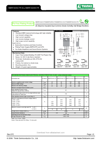 MBRF20200CTR Datasheet PDF Thinki Semiconductor Co., Ltd.