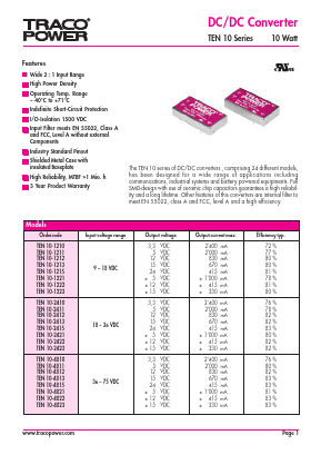 TEN10-4811 Datasheet PDF TRACO Electronic AG