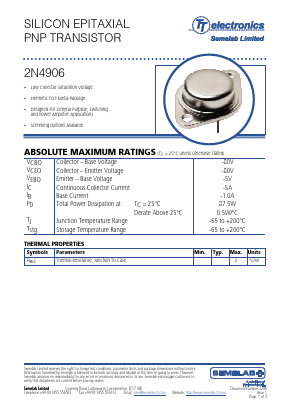 2N4906 Datasheet PDF TT Electronics.