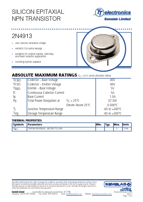 2N4913 Datasheet PDF TT Electronics.