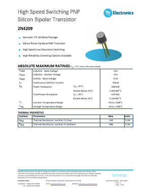 2N4209 Datasheet PDF TT Electronics.