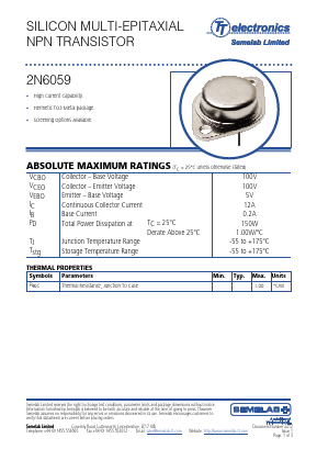 2N6059 Datasheet PDF TT Electronics.