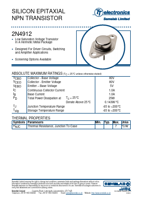 2N4912 Datasheet PDF TT Electronics.