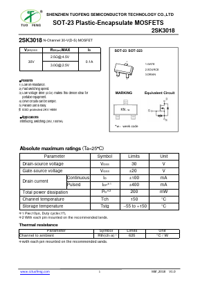 2SK3018 Datasheet PDF Shenzhen Tuofeng Semiconductor Technology Co