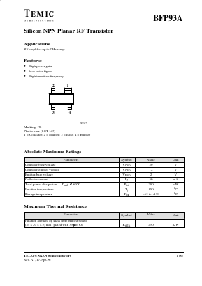 BFP93A Datasheet PDF Temic Semiconductors