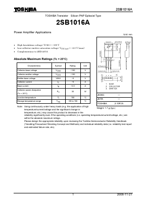 2SB1016A Datasheet PDF Toshiba