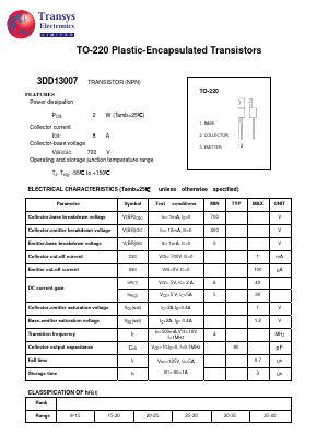 3DD13007 Datasheet PDF Transys Electronics Limited