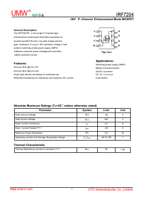 IRF7204 Datasheet PDF Guangdong Youtai Semiconductor Co., Ltd.