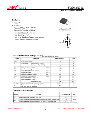 FQD13N06L Datasheet PDF Guangdong Youtai Semiconductor Co., Ltd.