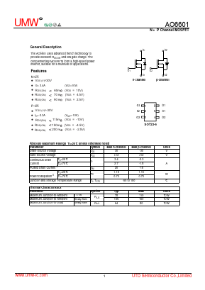 AO6601 Datasheet PDF Guangdong Youtai Semiconductor Co., Ltd.