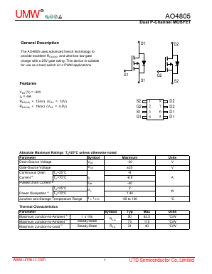 AO4805 Datasheet PDF Guangdong Youtai Semiconductor Co., Ltd.