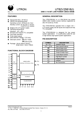 UT62V25616BS-100LI Datasheet PDF Utron Technology Inc