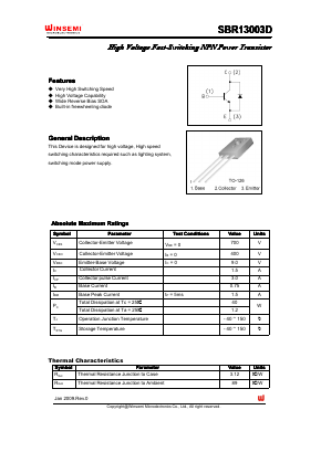 SBR13003D Datasheet PDF Shenzhen Winsemi Microelectronics Co., Ltd