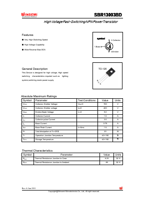 SBR13003BD Datasheet PDF Shenzhen Winsemi Microelectronics Co., Ltd