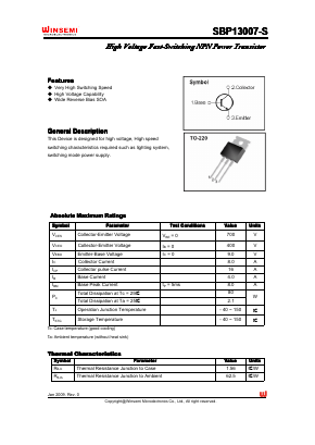 SBP13007-S Datasheet PDF Shenzhen Winsemi Microelectronics Co., Ltd