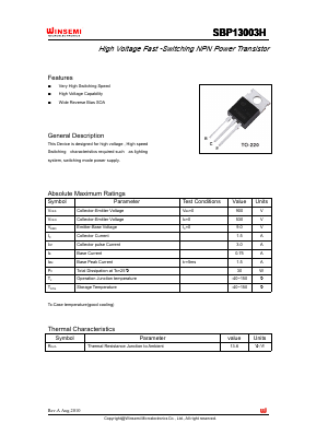 SBP13003H Datasheet PDF Shenzhen Winsemi Microelectronics Co., Ltd