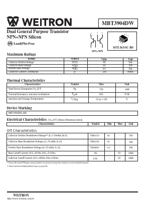 MBT3904DW Datasheet PDF Weitron Technology