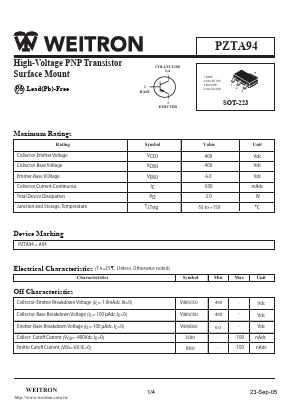 PZTA94 Datasheet PDF Weitron Technology