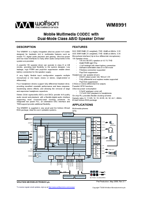 WM8991 Datasheet PDF Wolfson Microelectronics plc