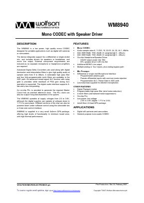 WM8940 Datasheet PDF Wolfson Microelectronics plc