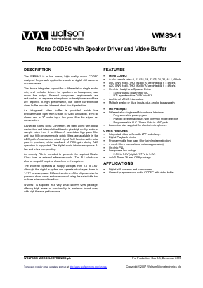 WM8941 Datasheet PDF Wolfson Microelectronics plc