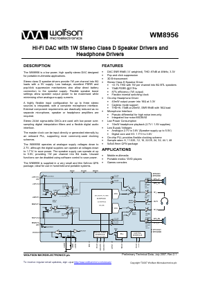 WM8956 Datasheet PDF Wolfson Microelectronics plc