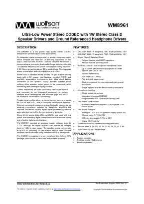 WM8961 Datasheet PDF Wolfson Microelectronics plc