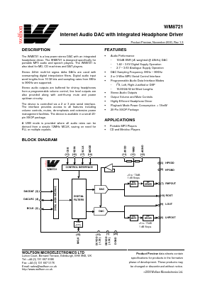 XWM8721EDS Datasheet PDF Wolfson Microelectronics plc