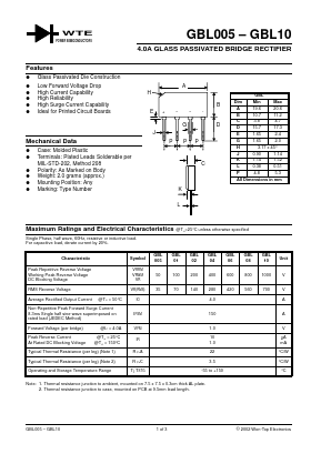 GBL005 Datasheet PDF Won-Top Electronics