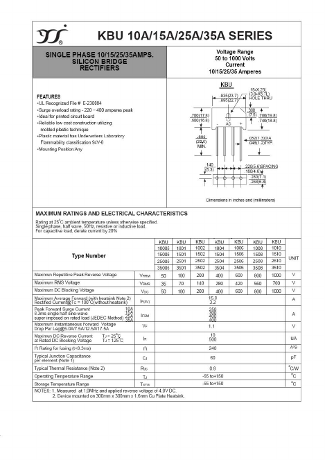 KBU10A Datasheet PDF Yangzhou yangjie electronic co., Ltd