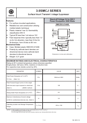 3.0SMCJ200A Datasheet PDF YENYO TECHNOLOGY Co., Ltd