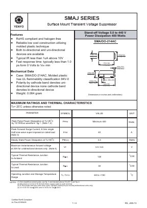 SMAJ200CA Datasheet PDF YENYO TECHNOLOGY Co., Ltd