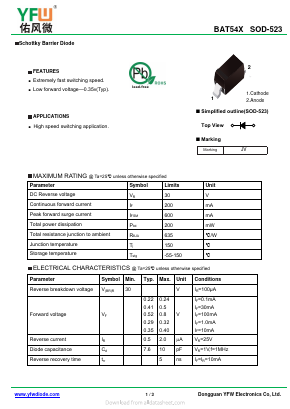 BAT54X Datasheet PDF DONGGUAN YOU FENG WEI ELECTRONICS CO., LTD