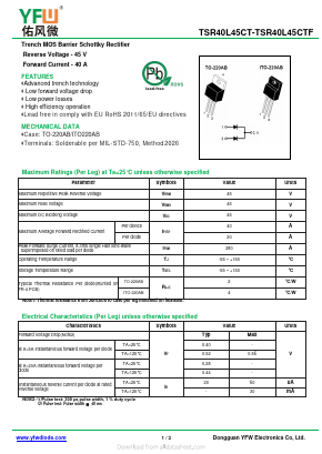 TSR40L45CTF Datasheet PDF DONGGUAN YOU FENG WEI ELECTRONICS CO., LTD