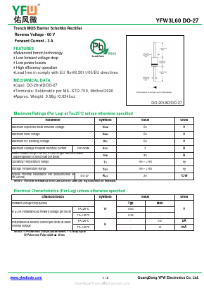 YFW3L60 Datasheet PDF DONGGUAN YOU FENG WEI ELECTRONICS CO., LTD