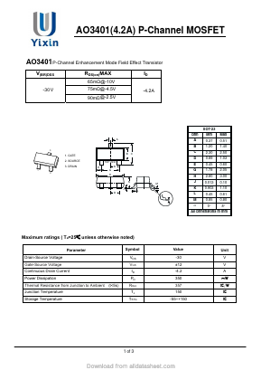 AO3401 Datasheet PDF Shenzhen Yixinwei Technology Co., Ltd.