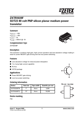 ZXTP2039F Datasheet PDF Zetex => Diodes