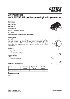 ZXTP08400BFFTA Datasheet PDF Zetex => Diodes